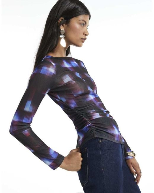 River Island Blue Check Asymmetric Hem Top