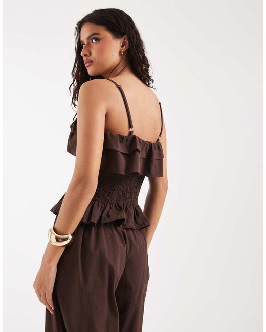 ASOS Brown Co Ord Shirred Frill Linen Blend Cami Top