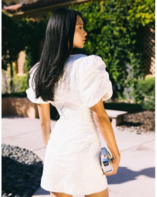 Gina Tricot White Brocade Mini Dress With Puff Sleeves
