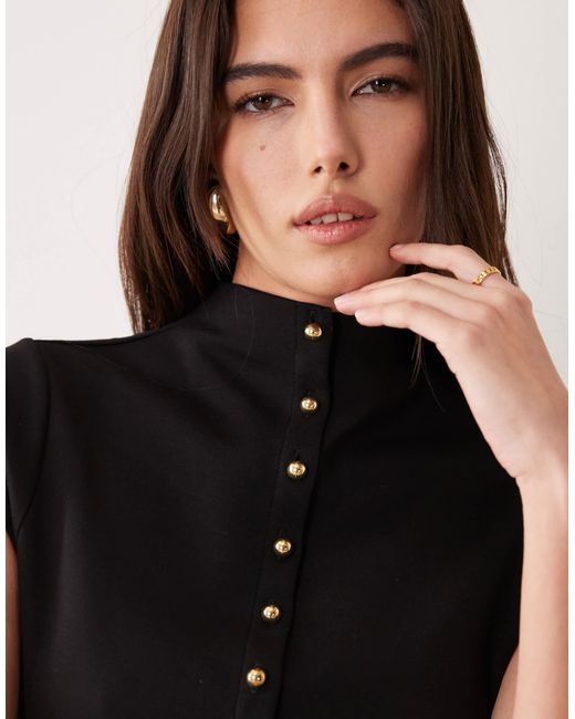 ASOS Black Interlock Funnel Button Front Top