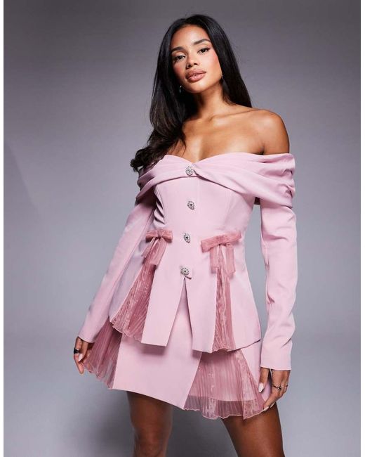 ASOS Pink Off The Shoulder Tailored Blazer With Organza Pleats