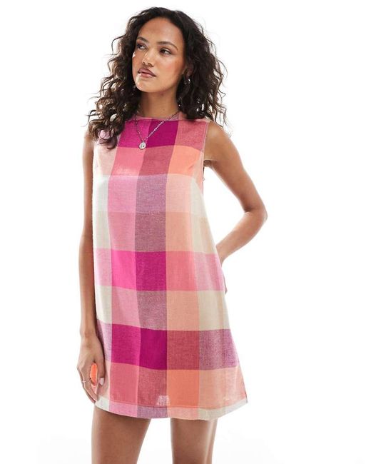 Native Youth Pink Check Mini Linen Shift Dress
