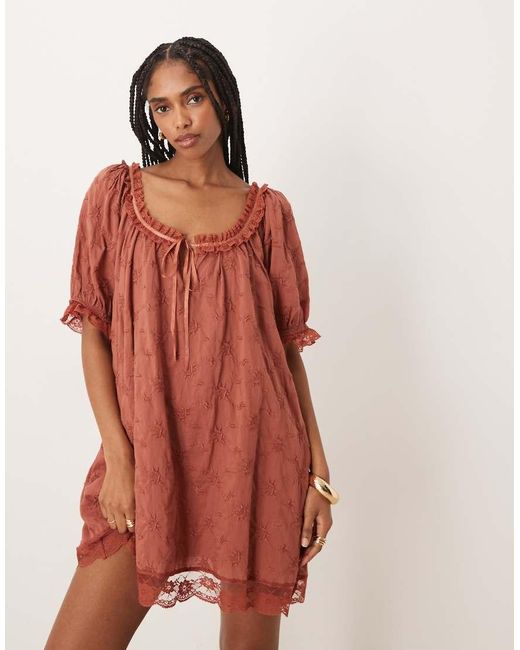 Free People Brown Juno Mini Lace Babydoll Dress
