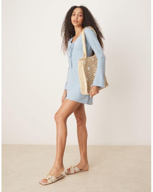 ASOS Blue Soft Denim Mini Dress With Bow Front Detail