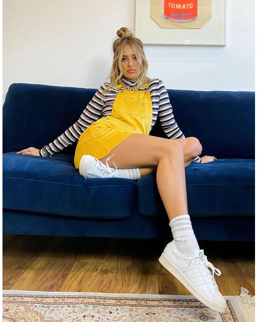 Adidas Originals Yellow 'comfy Cords' Velvet Corduroy Dungaree Mini Dress