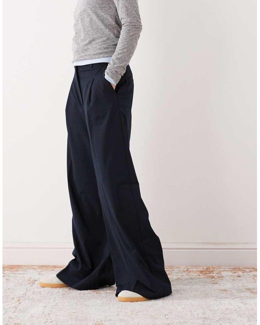 Monki Blue High Waist Wide Leg Trousers With Front Pleat
