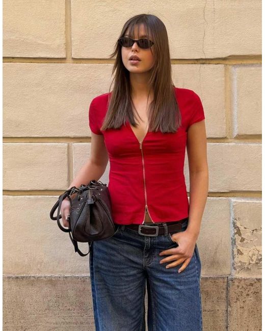 Bershka Red Short Sleeve Zip Print Shirt