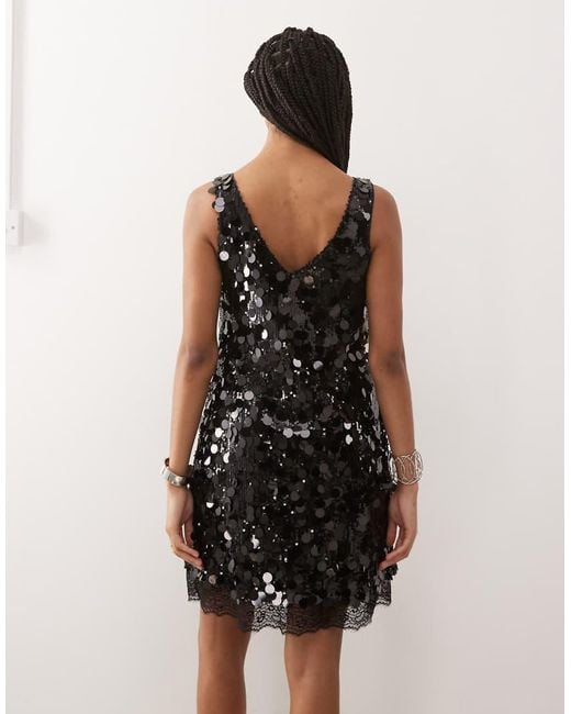 Noisy May Natural V Neck Disc Sequin Sleeveless Mini Dress With Lace Hem