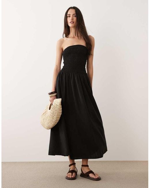 Brave Soul Black Strapless Midi Dress With Shirred Bodice