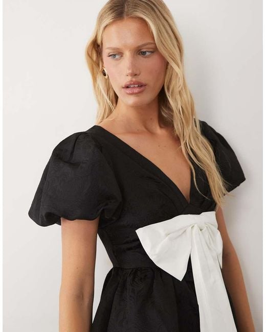 Sister Jane Black Bordeaux Exclusive Jacquard V-neck Puff Sleeve Mini Dress With Contrast Bow