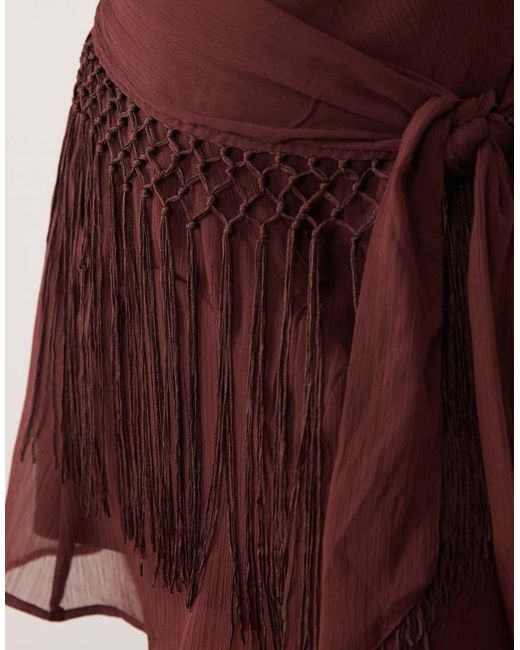 ASOS Brown Chiffon Draped Fringe Detail Mini Dress