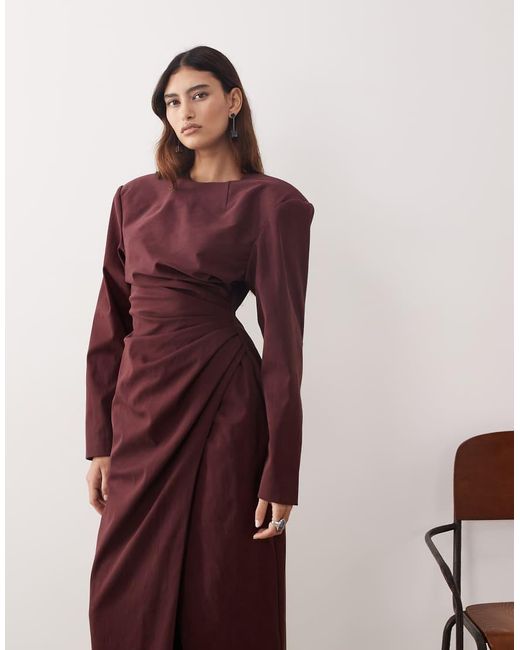 ARRANGE Red High Neck Shoulder Pad Pleated Waist Maxi Dress