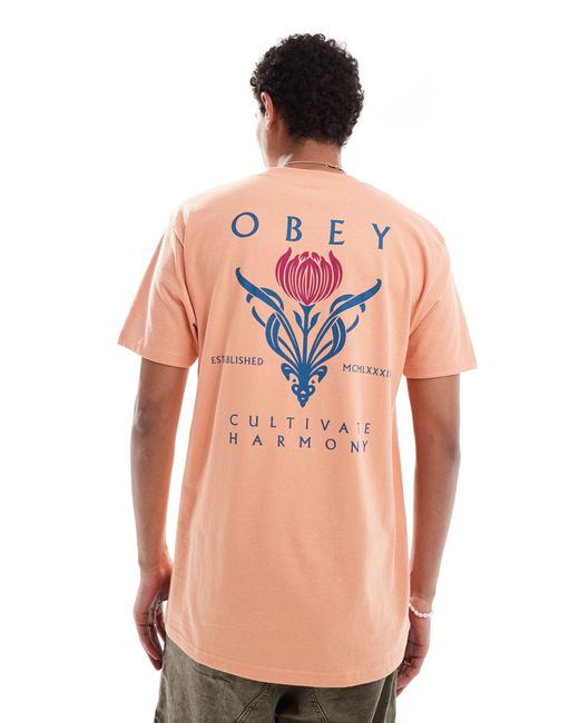 T-shirt con grafica "cultivate harmony" di Obey in Pink