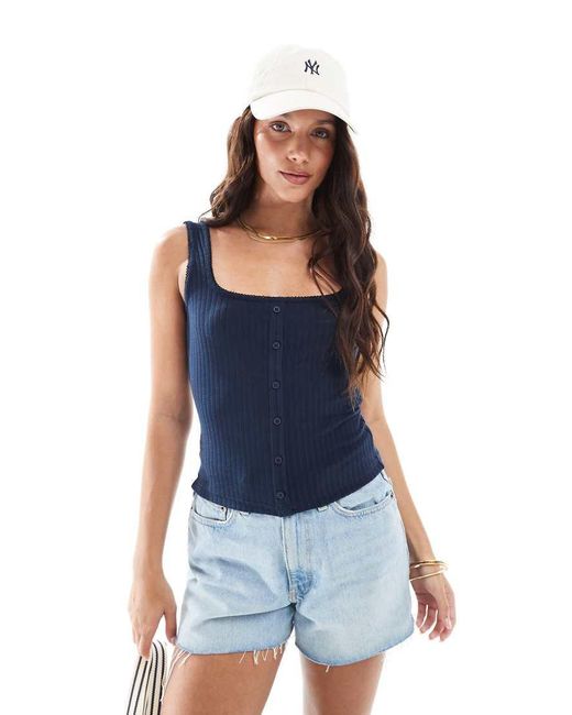 Miss Selfridge Geribbeld Mouwloos Hemdje Met Knoopsluiting in het Blue