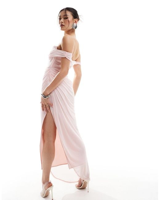 ASOS Pink Sculpting Pencil Bardot Midi Dress With Draped Mesh Overlay
