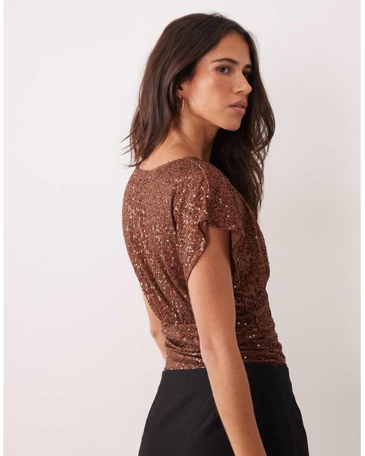 Miss Selfridge Brown Sequin V-neck Top With Gathered Waist