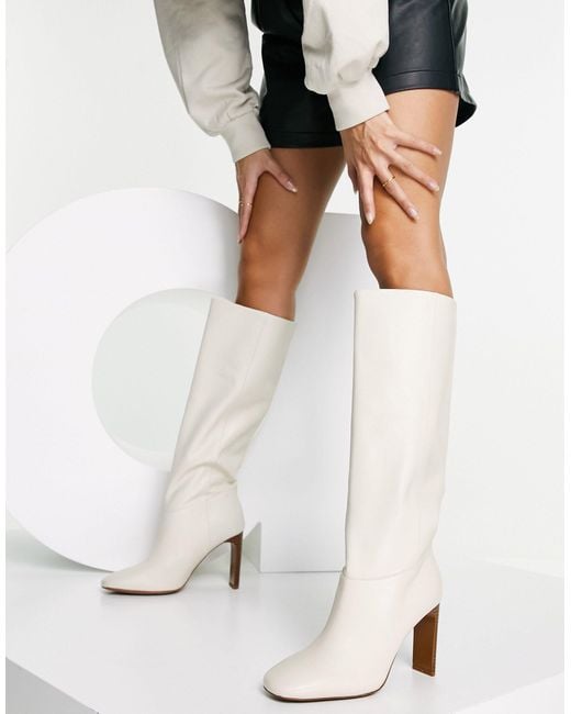 Mango Leather Knee High Heeled Boots in White | Lyst