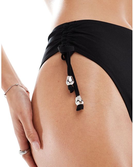 & Other Stories Black High Leg Bikini Bottom With Faux Pearls