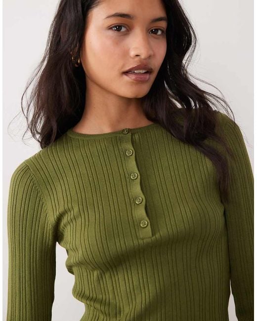 Miss Selfridge Green Rib Knit Henley Button Top