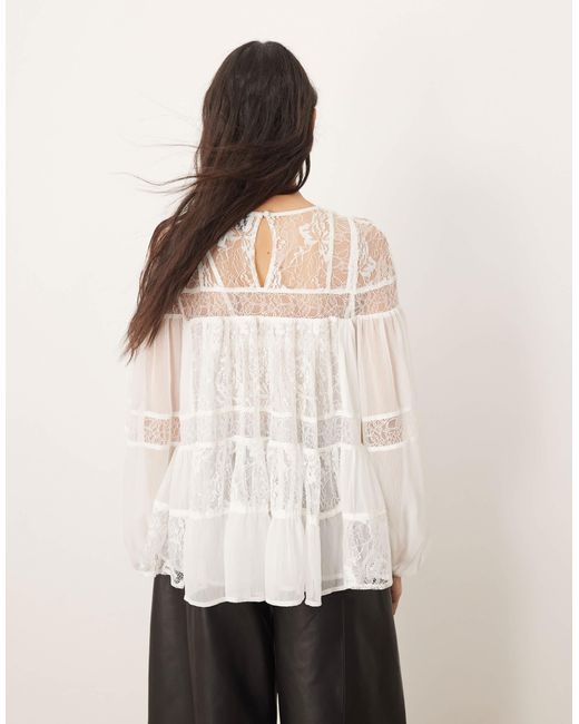 ARRANGE Black Lace Detail Blouson Sleeve Top With Drawstring Detail