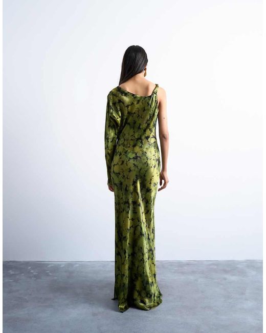 TOPSHOP Green One Sleeve Twist Strap Satin Maxi Dress