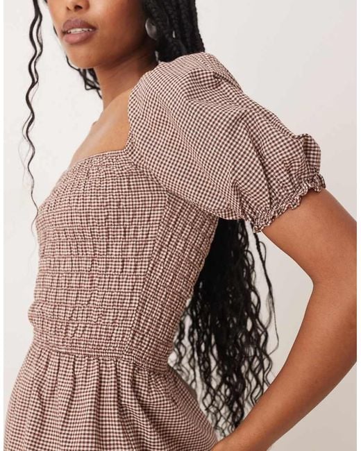 Glamorous Brown Shirred Puff Sleeve Detail Top With Peplum