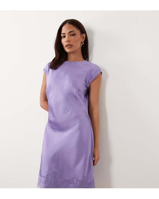 ASOS Purple Asos Design Petite Slash Neck Satin Mini Dress With Lace Hem