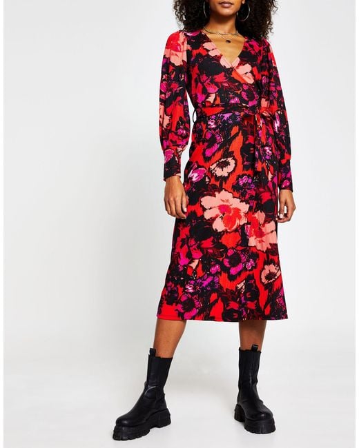 River Island Floral Wrap Midi Dress in Red Lyst