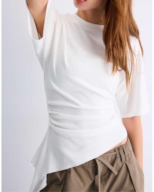 Stradivarius White Asymmetric Short Sleeve T-shirt