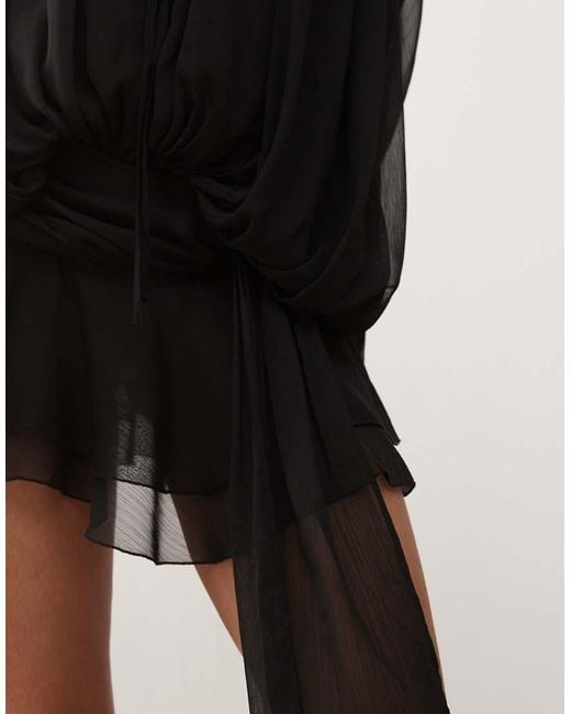 Lioness Black Elements Petite Chiffon Drape Detail Balloon Sleeve Tie Waist Mini Dress
