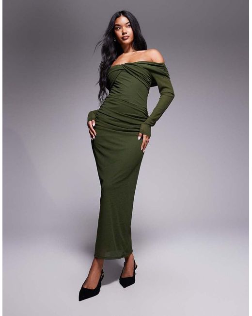 ASOS Green Textured Mesh Bardot Twist Front Midi Dress