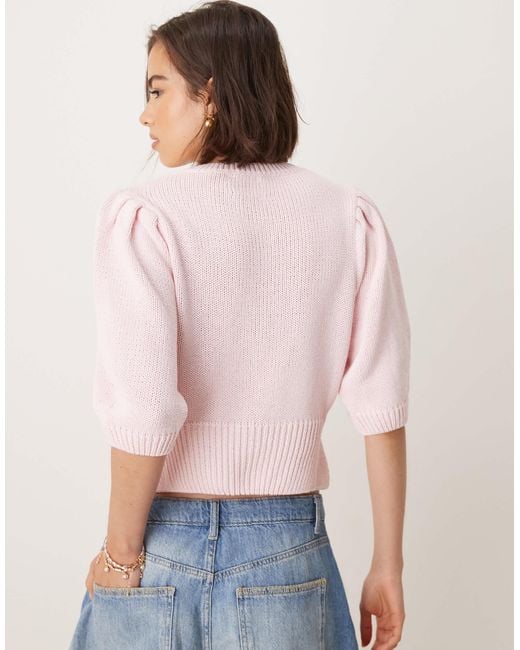 ASOS Natural Crew Neck Cardigan With Puff Sleeve