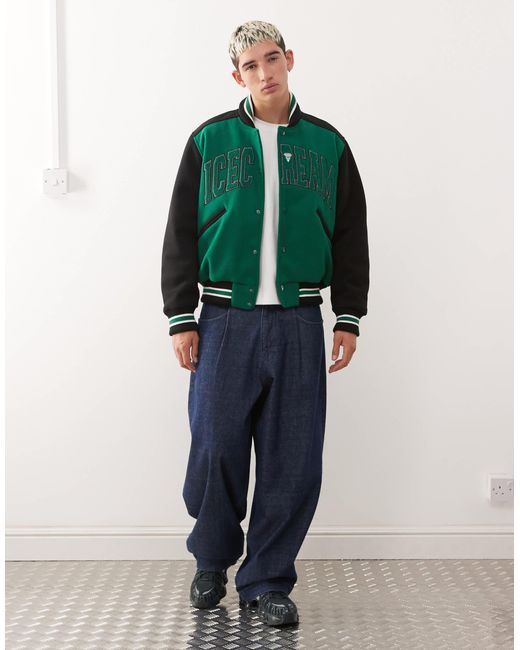 ICECREAM Green College Varsity Bomber Jacket for men