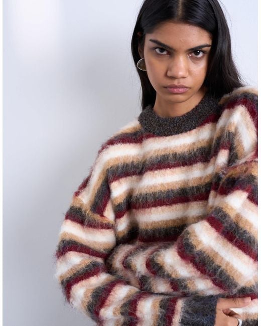 TOPSHOP Red Knitted Fluffy Stripe Jumper