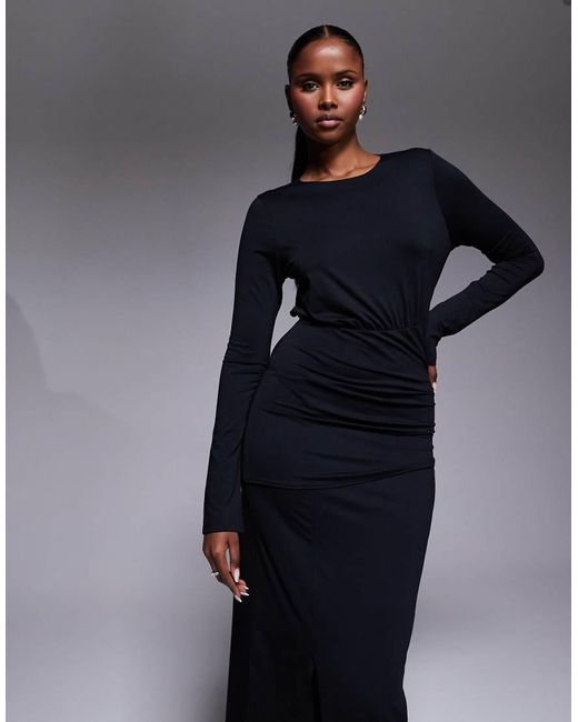 ASOS Blue Cinched Waist Front Slit Detail Maxi Dress