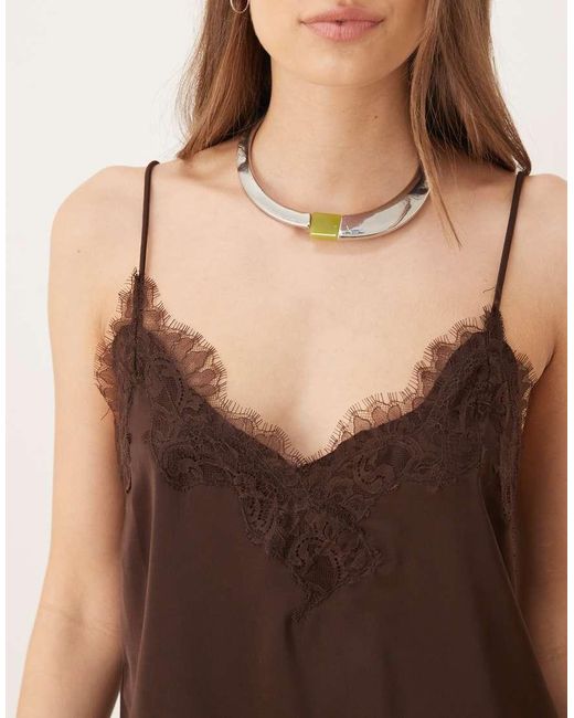 Mango Brown Asymmetric Hem Satin Cami Top With Lace Edge