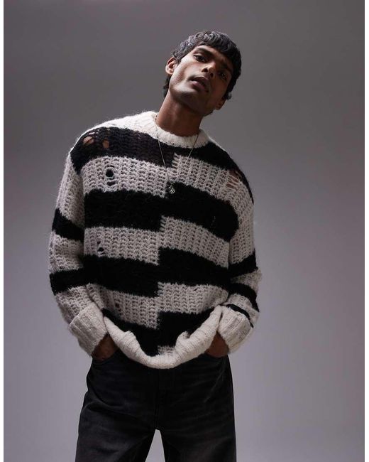 AllSaints Gray Pip Crew Neck Striped Jumper for men