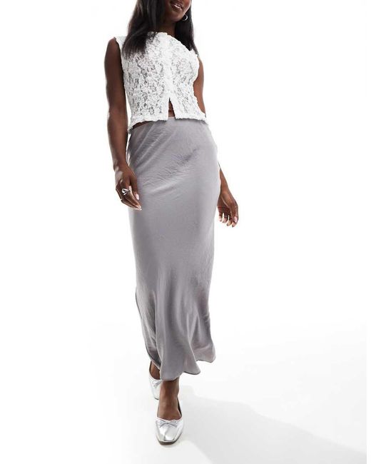 Wednesday's Girl Gray Hammered Satin Bias Cut Midaxi Skirt