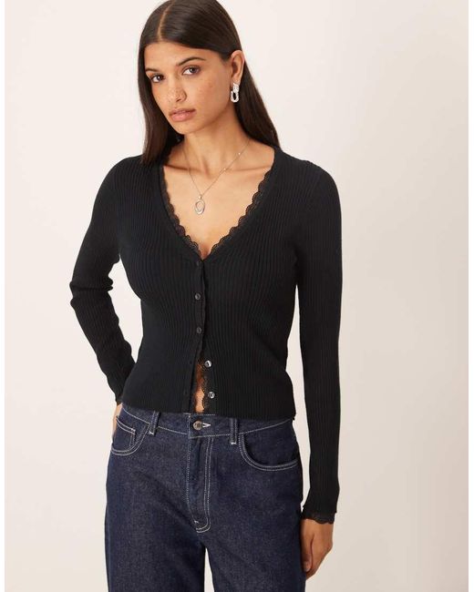 Abercrombie & Fitch Black Ribbed Cardigan With Lace Trim