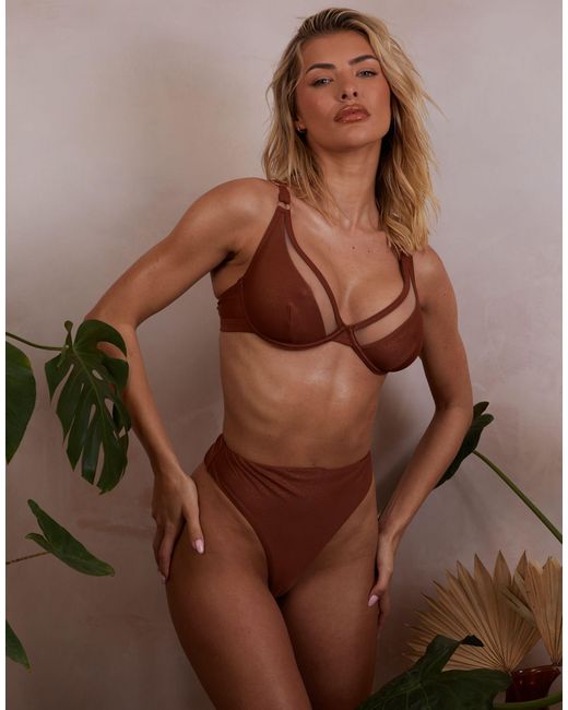 Wolf & Whistle Brown X Emily Hughes Fuller Bust Mesh High Apex Underwired Bikini Top