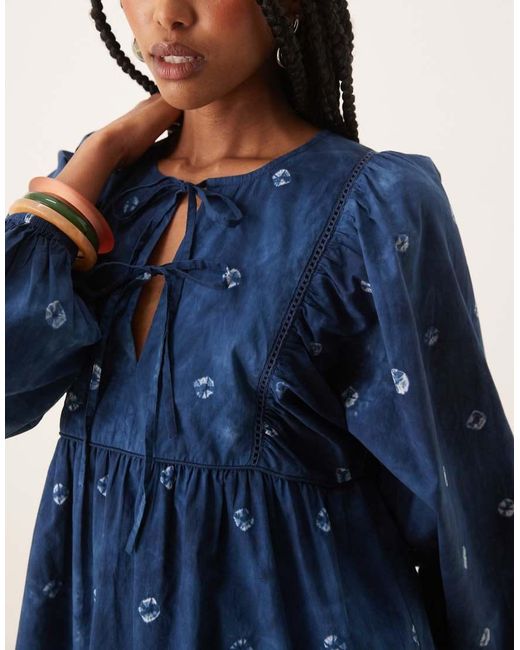 Nobody's Child Blue Mae Tie-detail Balloon Sleeve Mini Dress
