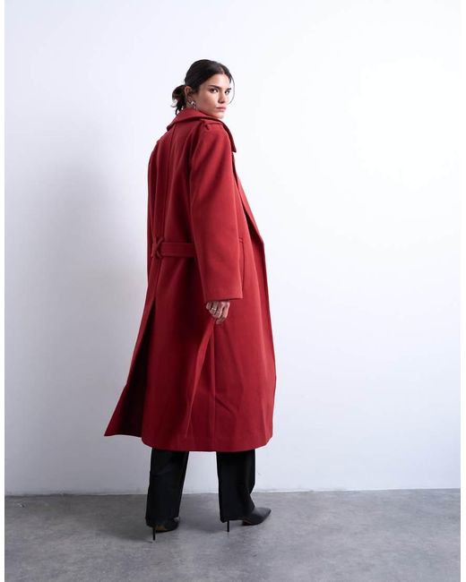 TOPSHOP Red Dropped Belt Longline Formal Coat