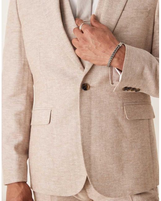 ASOS Natural Linen Cotton Blend Slim Suit Jacket for men