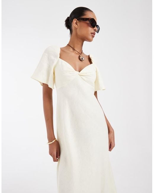 & Other Stories Natural Linen Puff Sleeve Midaxi Dress With Twist Sweetheart Neckline