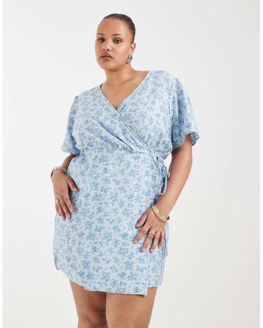 Vero Moda Blue Flutter Sleeve Wrap Front Mini Dress