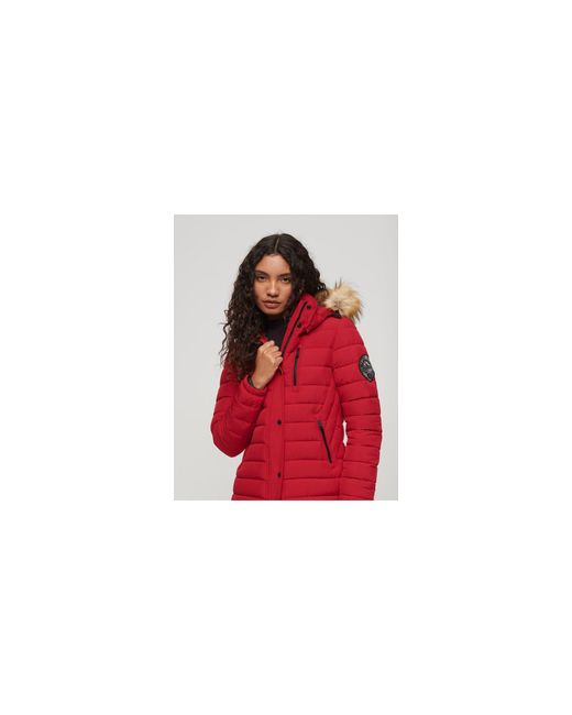 Superdry Red Fuji Hooded Longline Puffer Coat