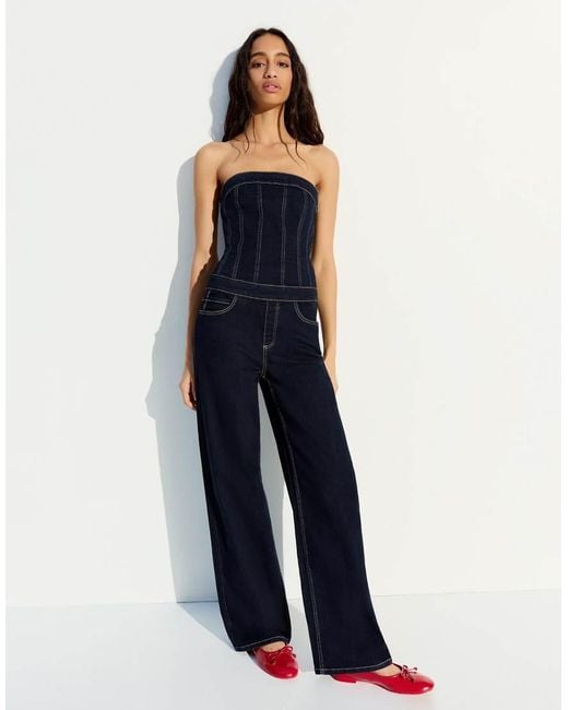 Bershka Blue Long Denim Jumpsuit
