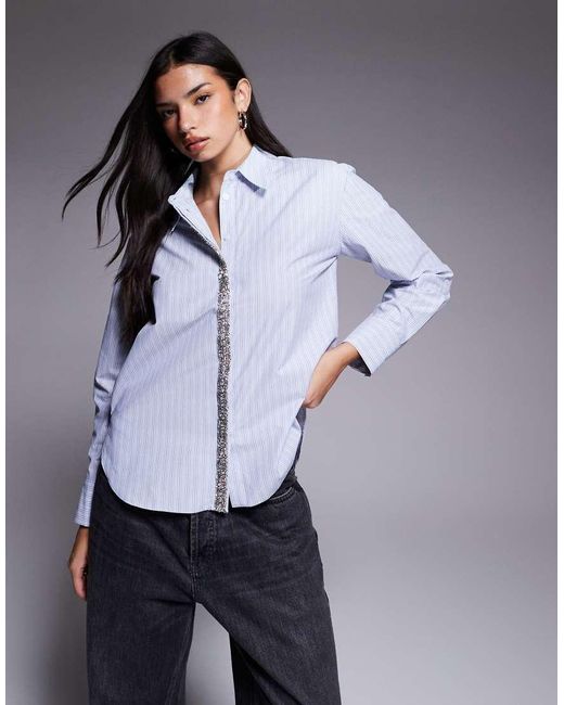 River Island Gestreept Overhemd Met Siersteentjes Aan De Boord in het Blue