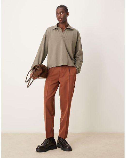 ASOS Oversized Rechte Polo Met Lange Mouwen En Diepe V-Hals in het Gray voor heren