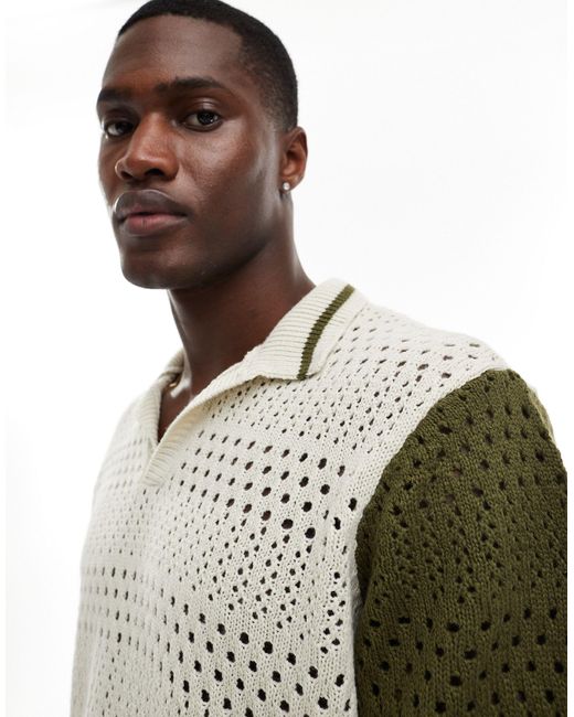 ASOS Natural Knitted Crochet Polo With Contrast Sleeves for men